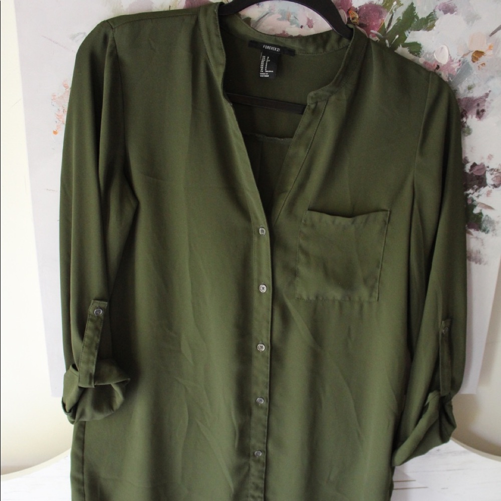 Green Silky Forever 21 Small Long Sleeve Blouse